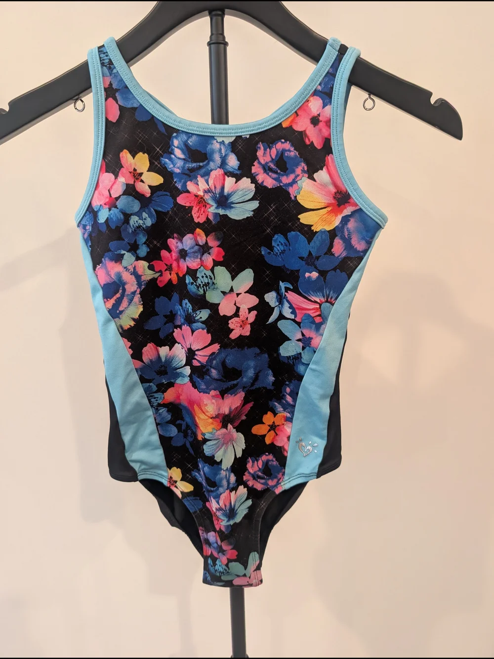 Lot Of 2 Justice Swimsuits One Piece Floral Black & Aqua and Geometric Blue (10)